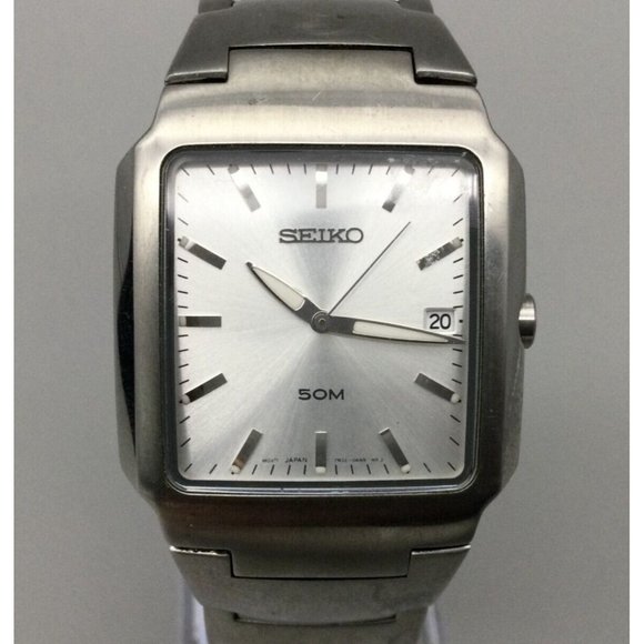 Seiko Other - Seiko Watch Men Silver Tone Date 50M Recangle Dial 7N32-0AL0 New Battery 6.75"